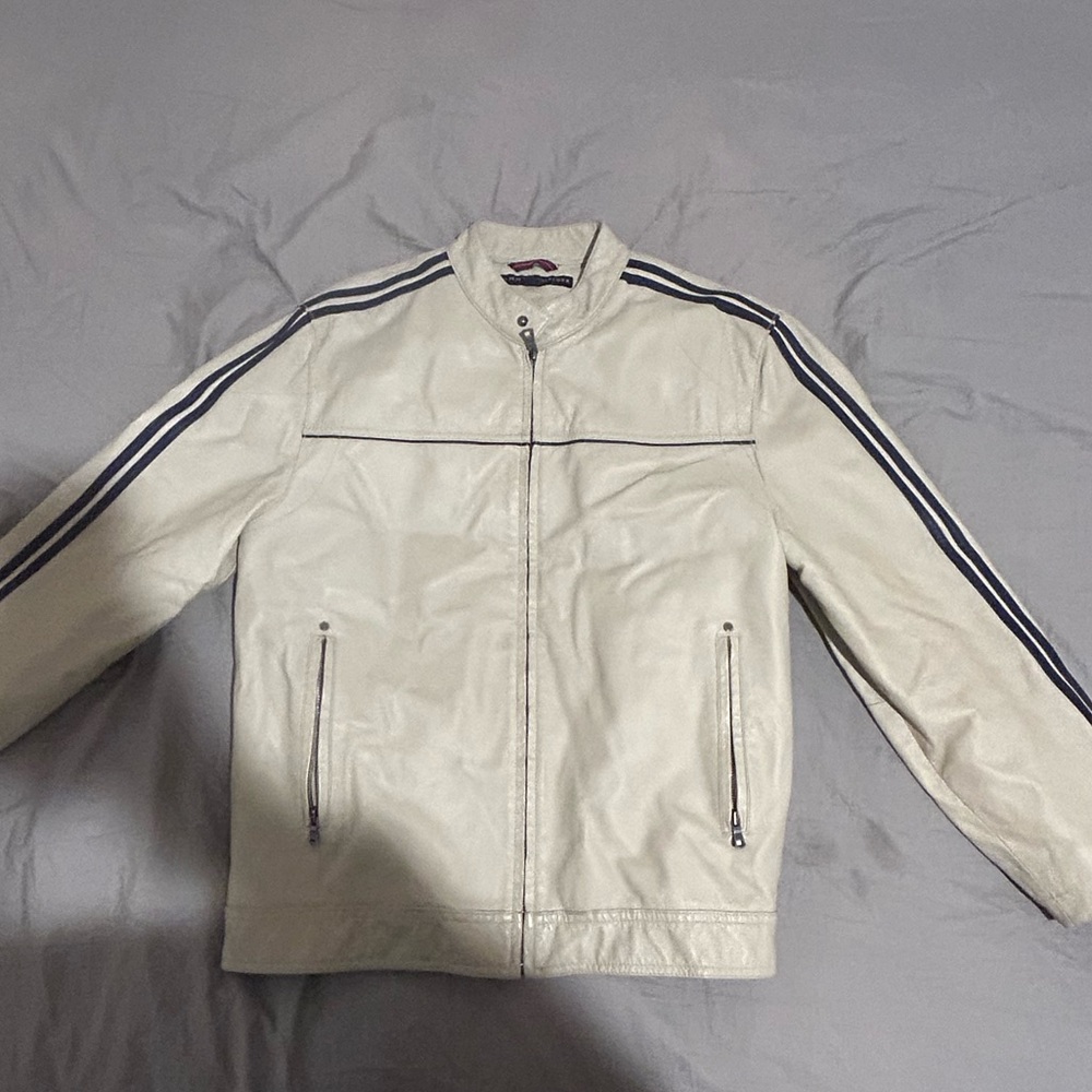Vintage Tommy Hilfiger Café Leather Jacket with Stripes